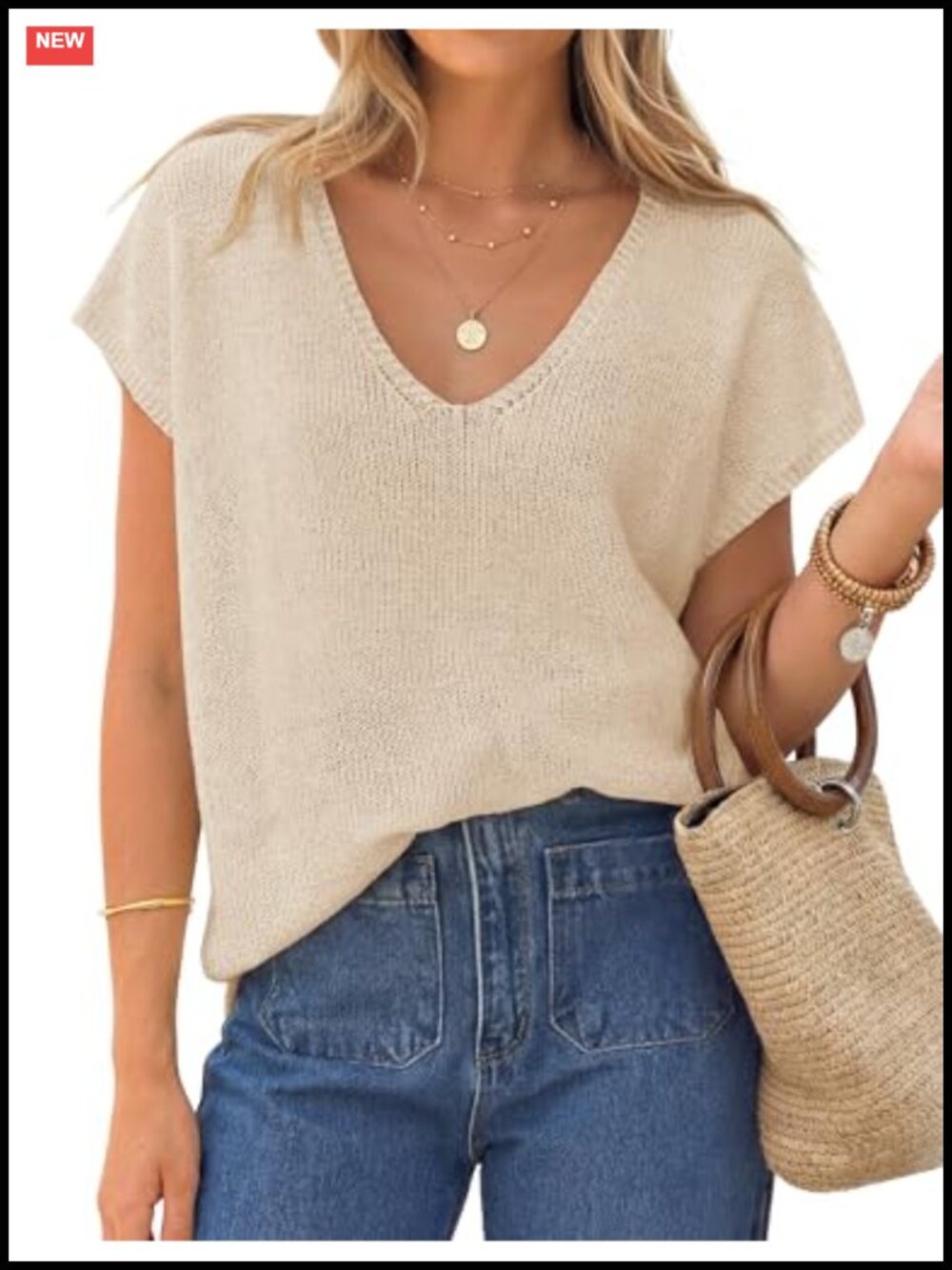 Women's Lightweight Ribbed Knit Short Sleeve V-Neck Pullover Sweater